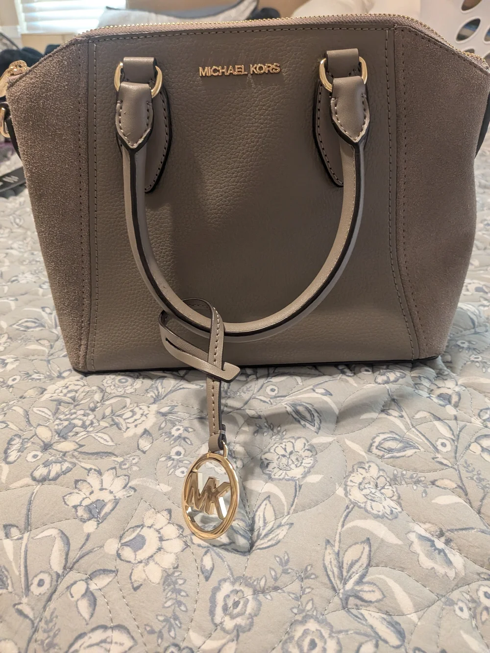 Michael Kors Gray Taupe Leather Satchel with Gold Logo Charm